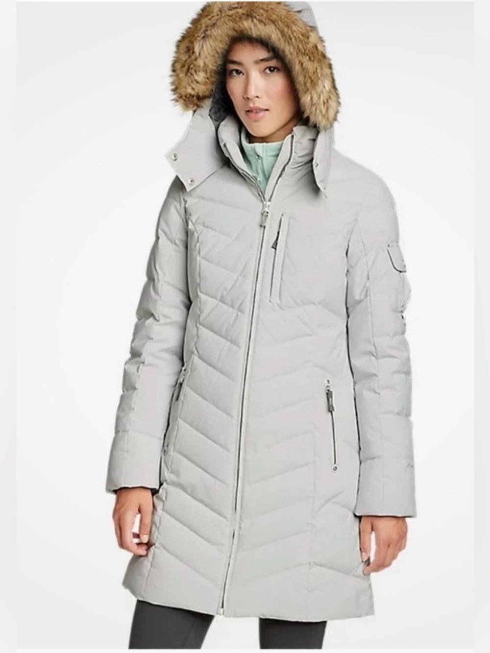 Eddie Bauer Light Gray Faux-Fur Trim Hooded Puffer Coat